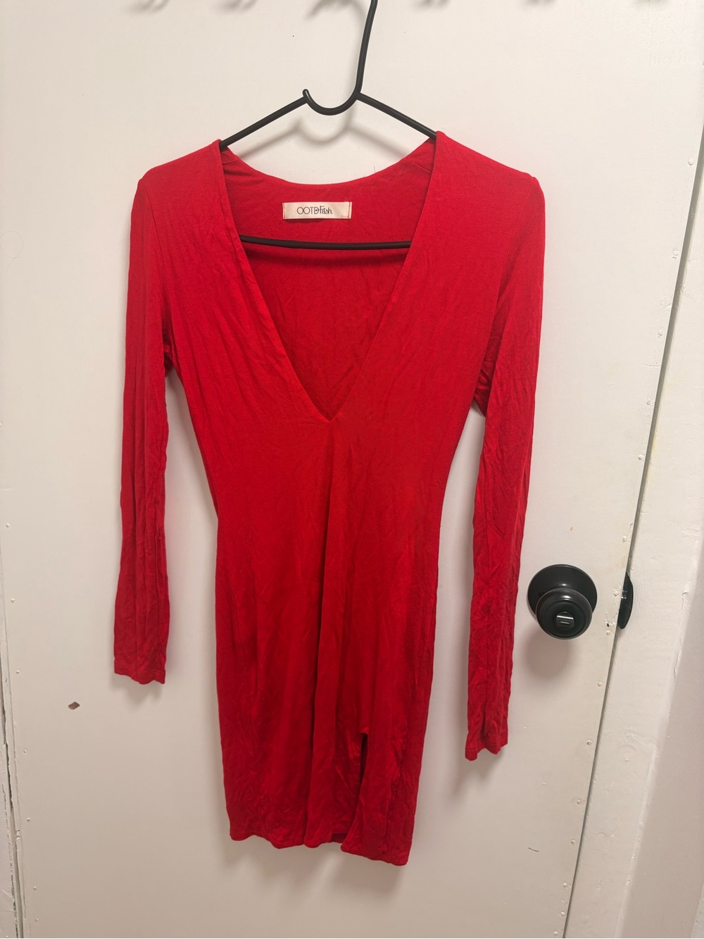 OOTDFash Red Long-Sleeve V-Neck Bodycon Dress